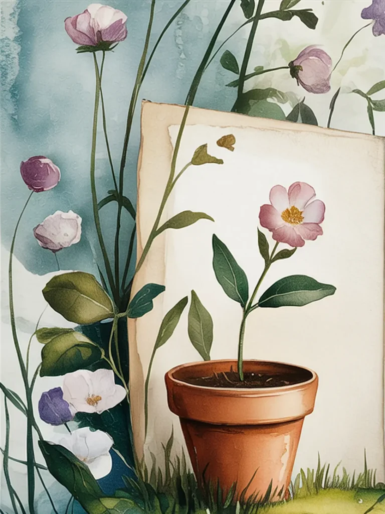 Illustration of a blooming potted plant surrounded by flowers with watercolor background. Vibrant nature scene.