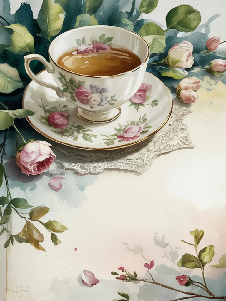 Floral teacup with tea on lace doily, surrounded by pink roses and green leaves, creating a vintage aesthetic.