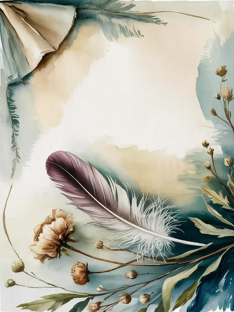 Watercolor painting of a purple feather with dried flowers and leaves, creating a soft, elegant background design.