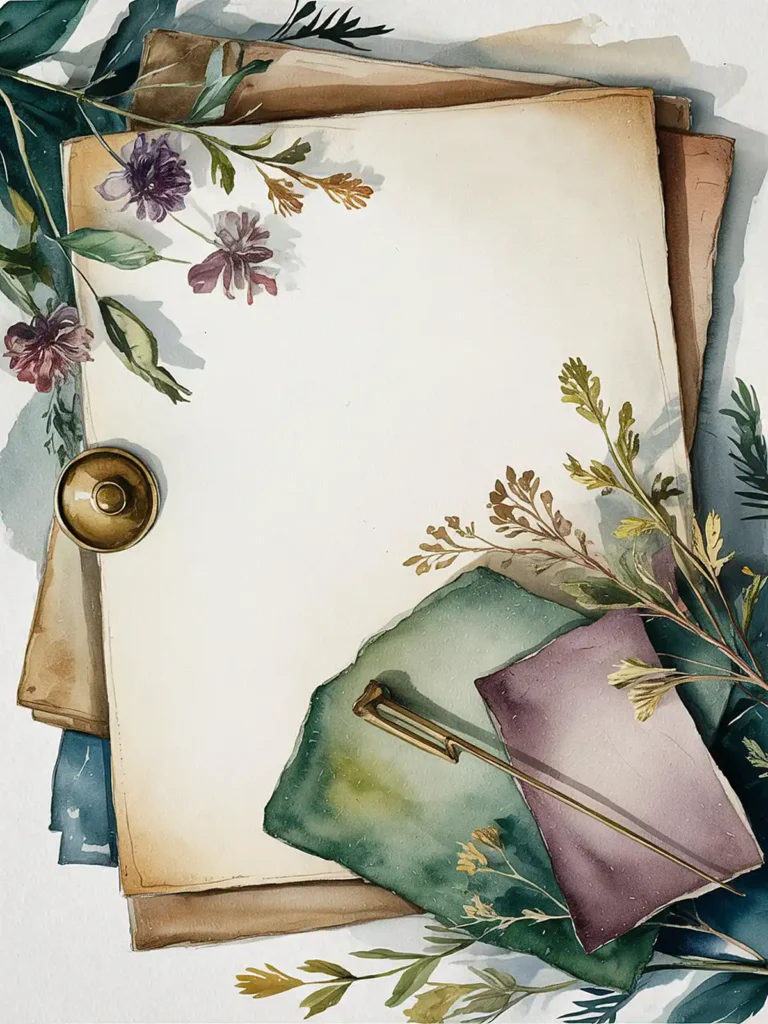 Watercolor illustration of vintage papers with floral accents and a decorative pin.