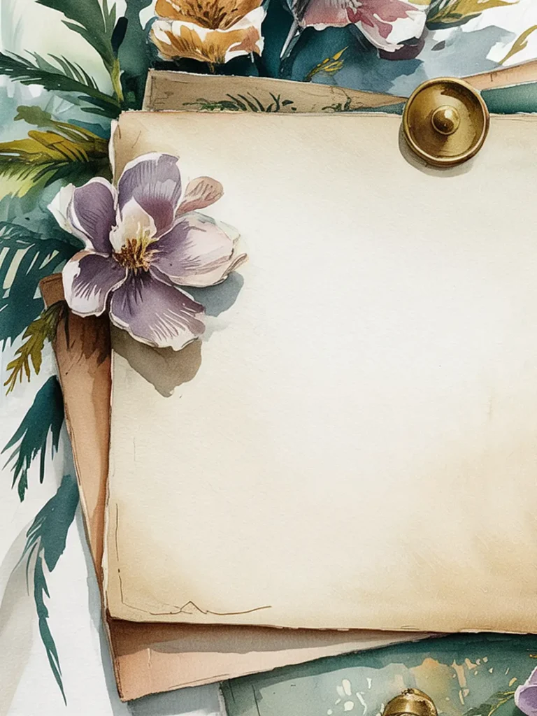 Floral-themed vintage stationery stack with decorative flowers and brass fasteners.