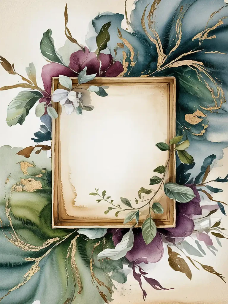 Decorative frame with watercolor florals and gold accents. Perfect for invitations or elegant design projects.