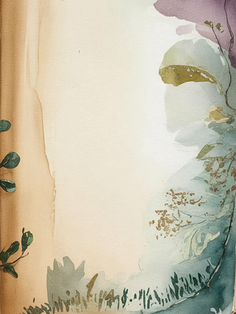 Abstract watercolor with earthy tones, featuring floral and leaf elements on a textured background.