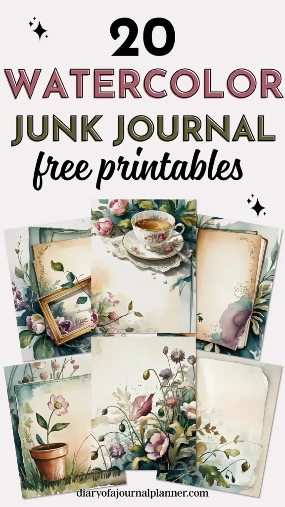 20 watercolor junk journal free printables with floral designs, teacup art, and vintage elements.