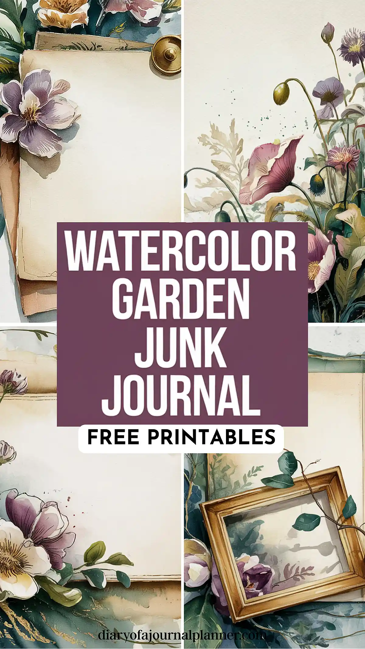 Watercolor garden junk journal with free printables and floral illustrations for creative journaling inspiration.