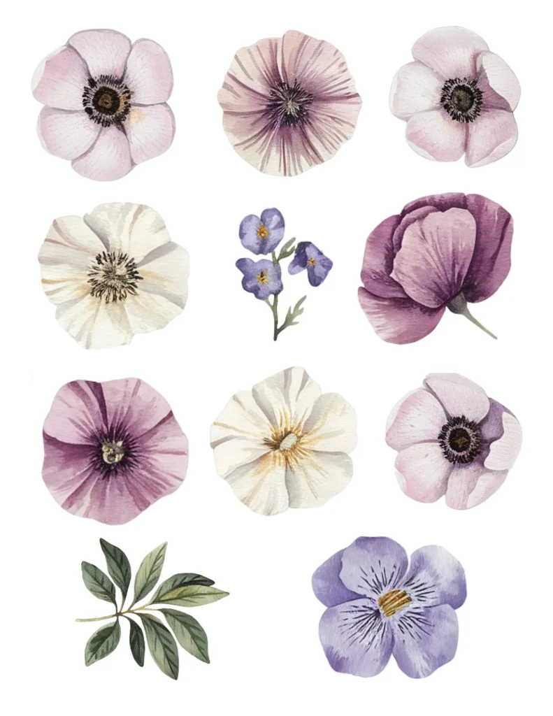 Watercolor illustration of various purple and white flowers with green leaves on a white background.