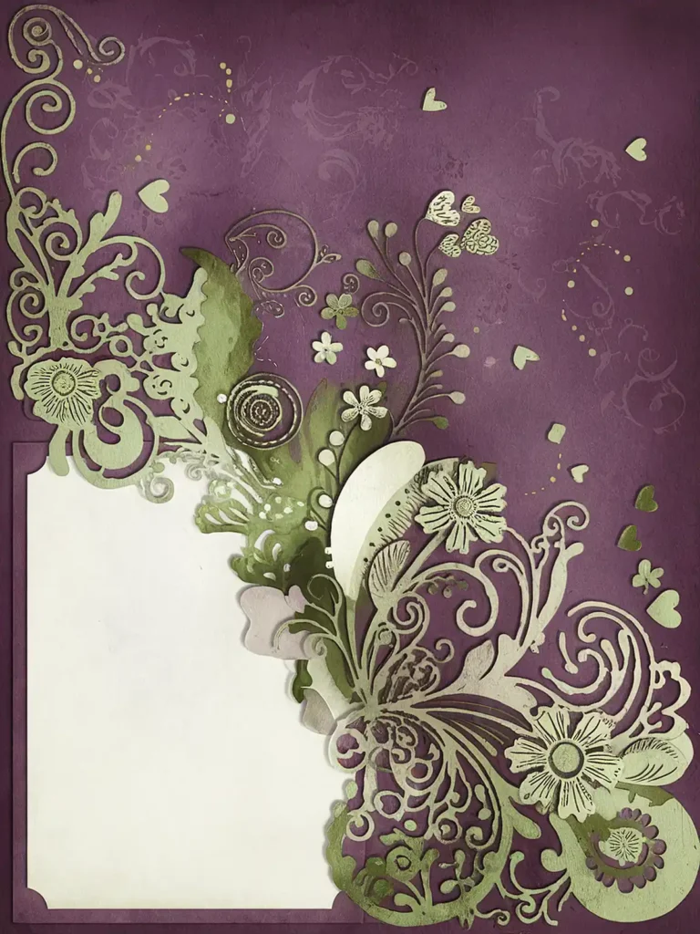 Ornate floral design with paper cutout on purple background, decorated with hearts and swirls.