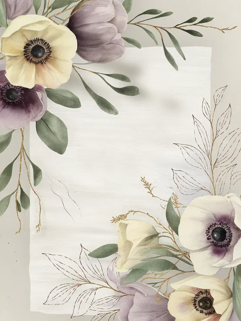 Elegant floral design with beige and purple flowers, green leaves, and gold accents on a textured paper background.