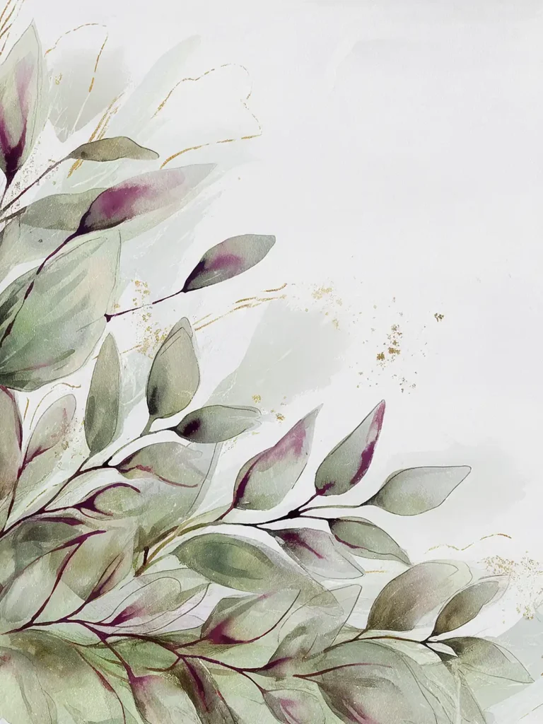 Watercolor painting of green and burgundy leaves with gold accents on a light background.