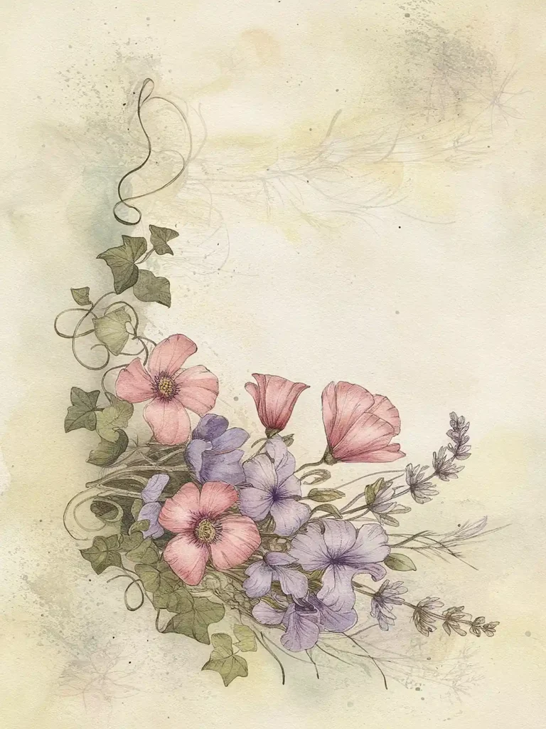 Delicate watercolor floral illustration with pink and purple flowers, green leaves, and artistic swirls on a soft background.