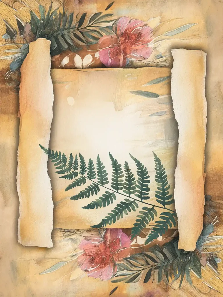 Vintage floral background with torn paper edges, featuring ferns and pink flowers in a watercolor style.