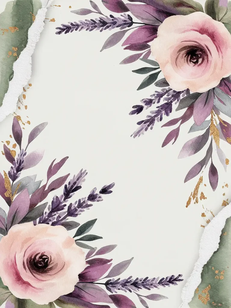 Watercolor floral border with pink roses and lavender on a torn paper background. Perfect for invitations or cards.