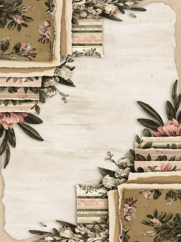 Vintage floral scrapbook paper with layered textures and neutral tones, ideal for crafting and design projects.