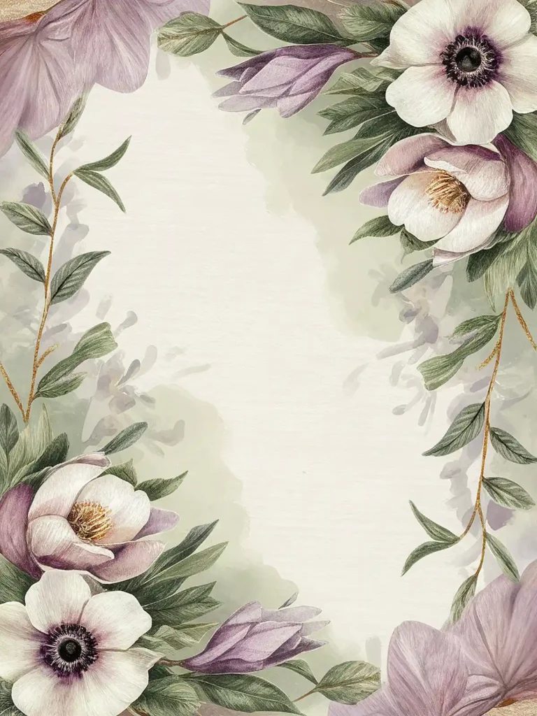 Elegant floral border with purple and white flowers, green leaves, and light watercolor background. Perfect for invitations.