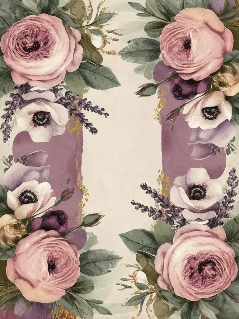 Elegant floral border with pink roses, anemones, lavender, and green leaves on a soft beige background.