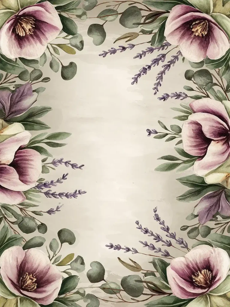 Floral border with purple flowers and green leaves on a beige background. Perfect for invitations and elegant designs.