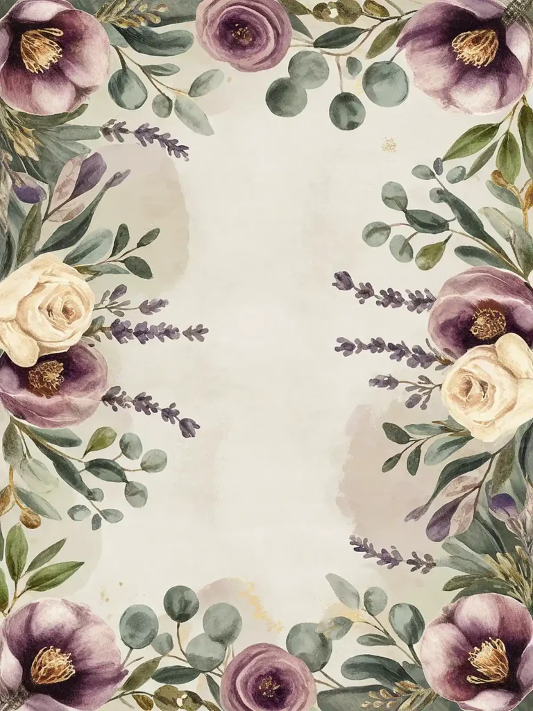 Vintage floral border with purple and white flowers, green leaves, and lavender sprigs on a light background.