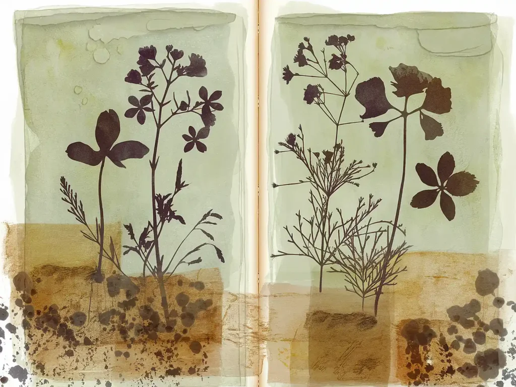 Silhouettes of wildflowers and plants on textured background, creating a vintage botanical illustration.