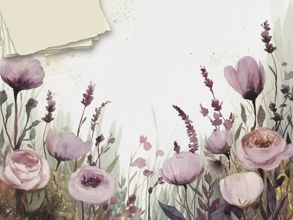 Watercolor floral illustration with pink and purple flowers on a soft, textured background.