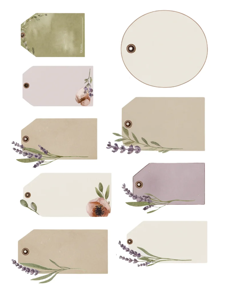 Assorted blank gift tags with floral and botanical designs, perfect for labeling presents or crafting projects.
