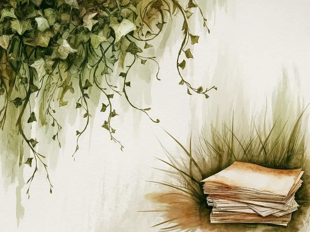 Abstract watercolor of green ivy hanging over a stack of old books on grass.