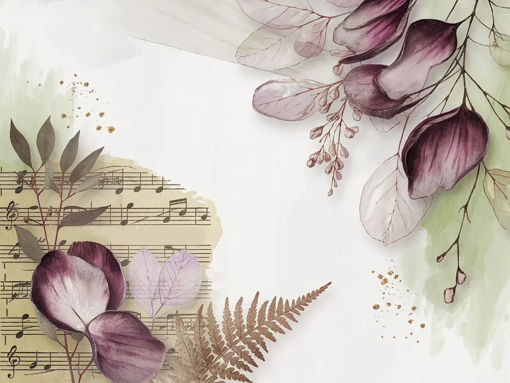 Artistic floral illustration with sheet music accents, featuring purple flowers and leaves on a textured background.
