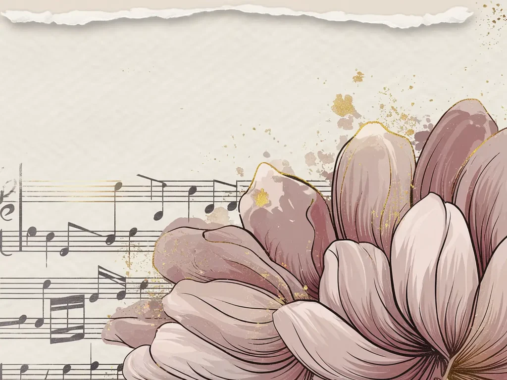 Vintage floral illustration with musical notes, featuring pink flowers and gold accents, on a textured background.