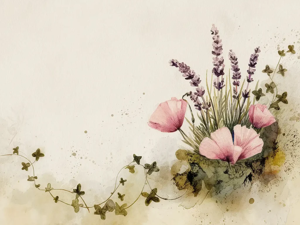 Watercolor illustration of pink poppies and lavender with green vines on a textured cream background.