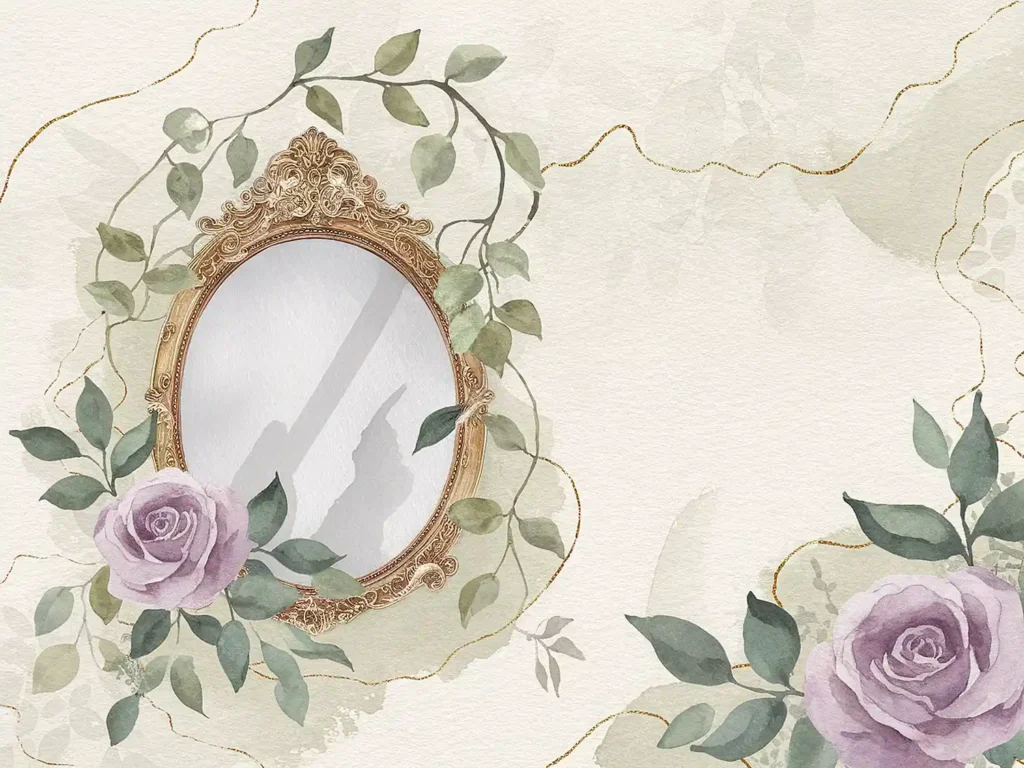 Elegant watercolor with ornate mirror, pink roses, and green leaves, ideal for a vintage-themed design.