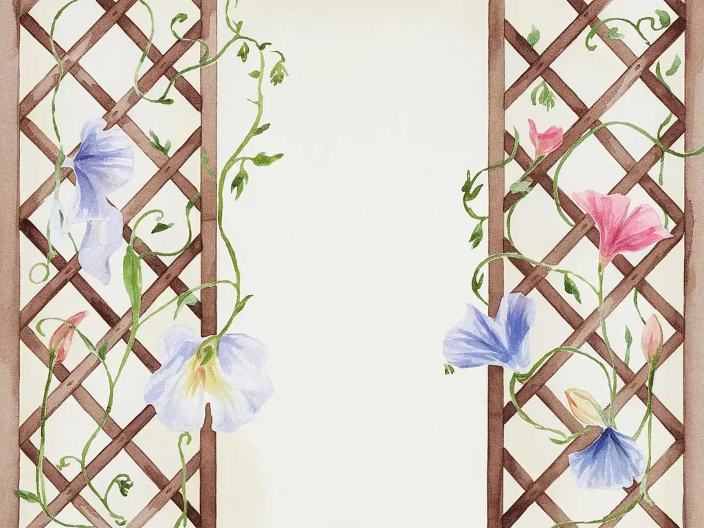 Watercolor artwork of morning glories on a wooden trellis, featuring pink and blue flowers with green vines.
