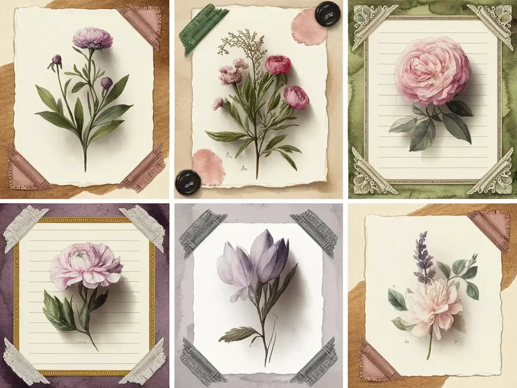 Vintage floral illustrations with pastel colors framed with decorative tapes and borders.