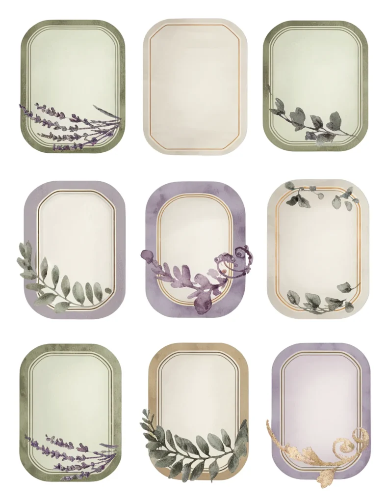 Set of nine blank vintage-style labels with botanical illustrations in green and purple tones.