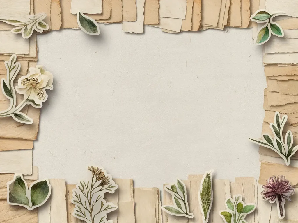 Natural paper collage with botanical elements creating a frame with beige and green tones. Perfect for invites.
