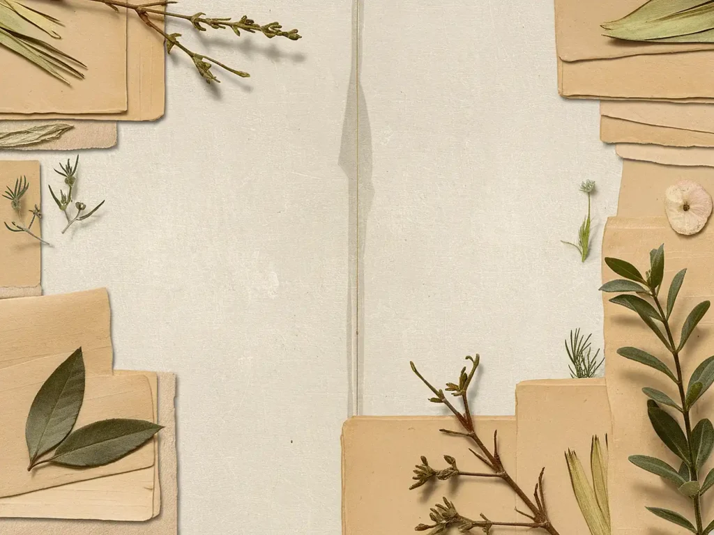 Dried botanical arrangement on vintage paper sheets for a natural and rustic aesthetic. Perfect for eco-friendly design themes.