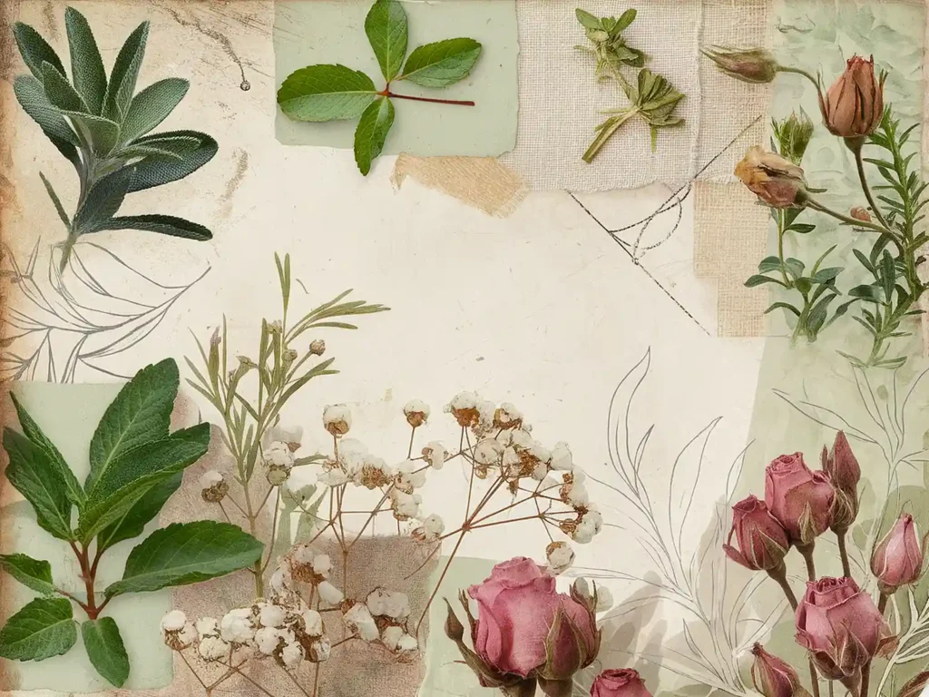 Vintage botanical collage featuring flowers and herbs on textured paper for a natural, artistic aesthetic.
