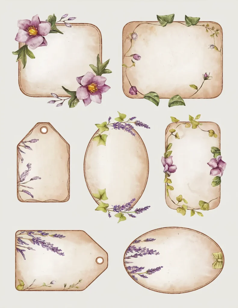 Vintage floral labels with lavender and pink flowers on beige backgrounds. Ideal for crafting and gift tags.