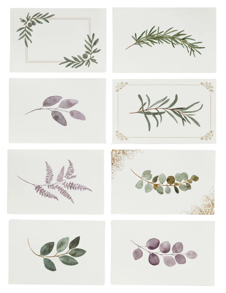 Illustration of eight botanical designs featuring various green and purple leaves on white backgrounds.