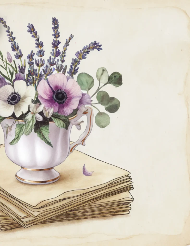 Vintage cup with lavender and anemones on books, evoking a rustic, botanical aesthetic.