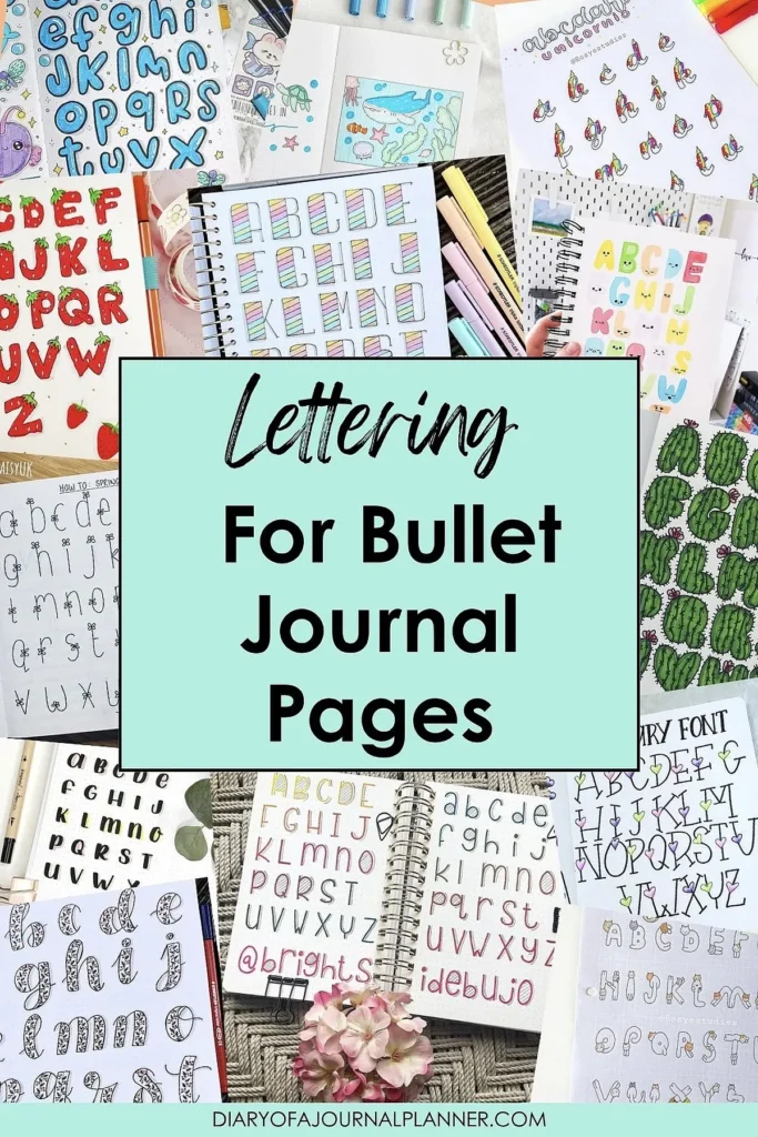 Various artistic lettering styles for bullet journal pages, featuring colorful and creative alphabets.
