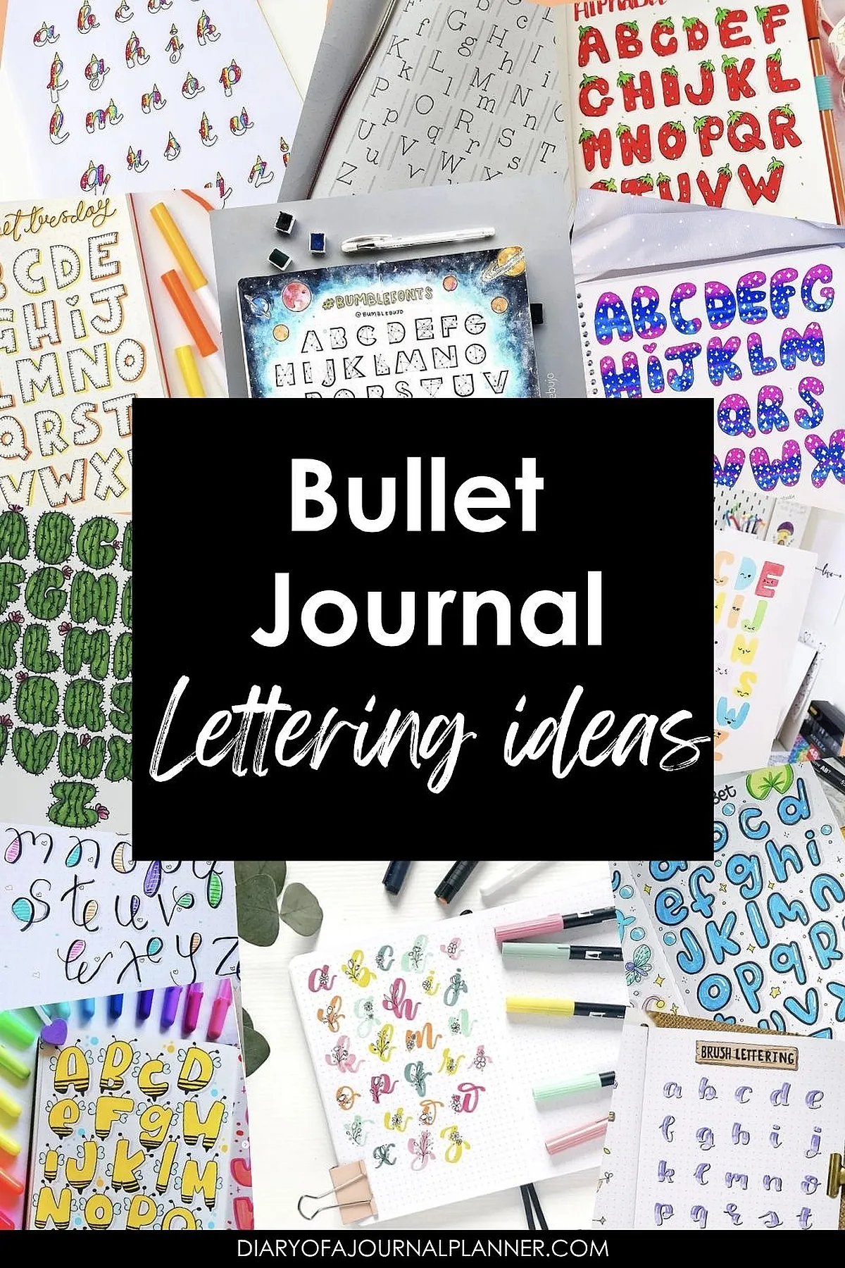 Bullet journal with colorful lettering ideas for creative inspiration and artistic expression.