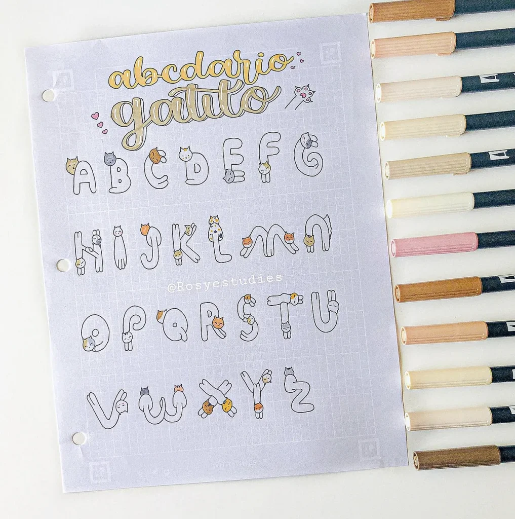 Cute cat-themed alphabet chart with colorful pens beside it on a white background.