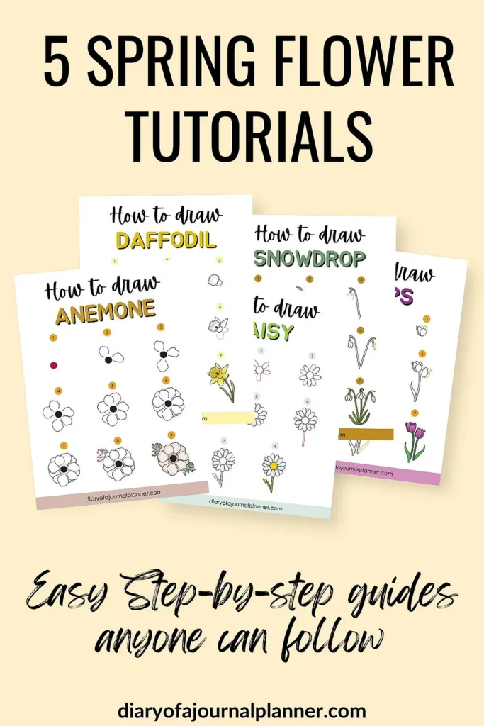 5 Spring Flower Drawing Tutorials – Easy step-by-step guides for Daffodil, Anemone, Snowdrop, Daisy, Tulip.