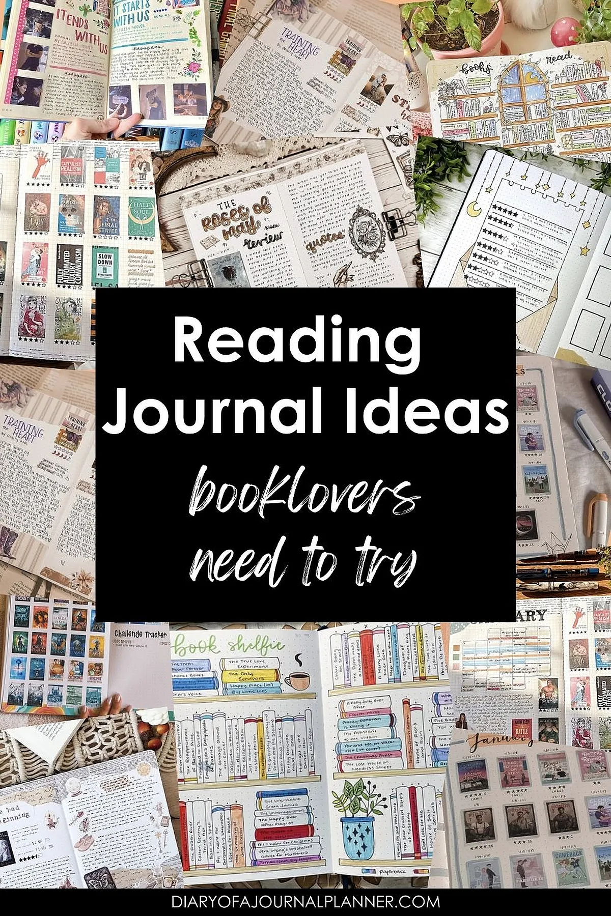 Collage of creative reading journal ideas for book enthusiasts to try. Ideal inspiration for book lovers.