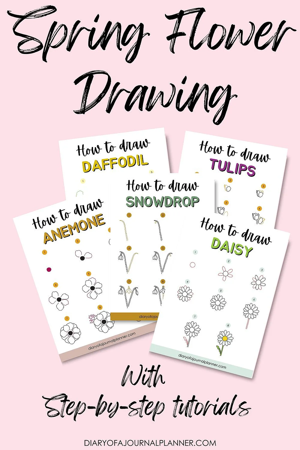 Spring flower drawing guides: daffodil, tulip, snowdrop, anemone, daisy with step-by-step tutorials.