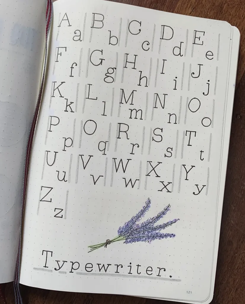 Bullet journal page featuring a typewriter font alphabet and lavender illustration.