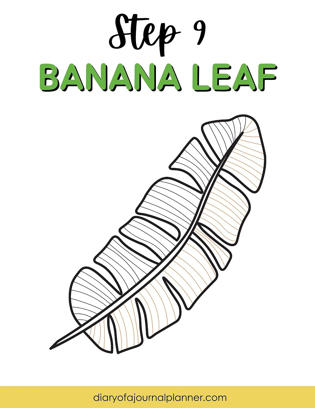 Step 9: Drawing a banana leaf. Simple black and white leaf illustration for journal planners and sketching guides.