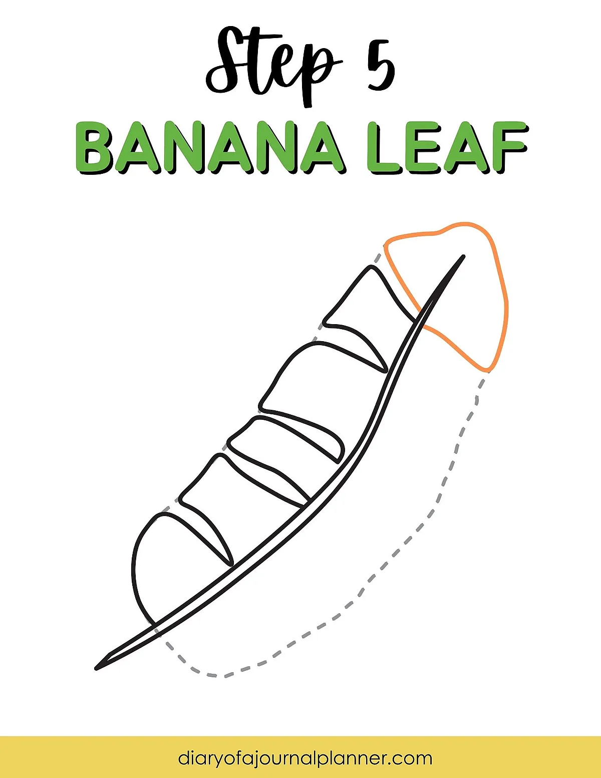 Step 5 drawing guide for a banana leaf illustration with outlines and sections.