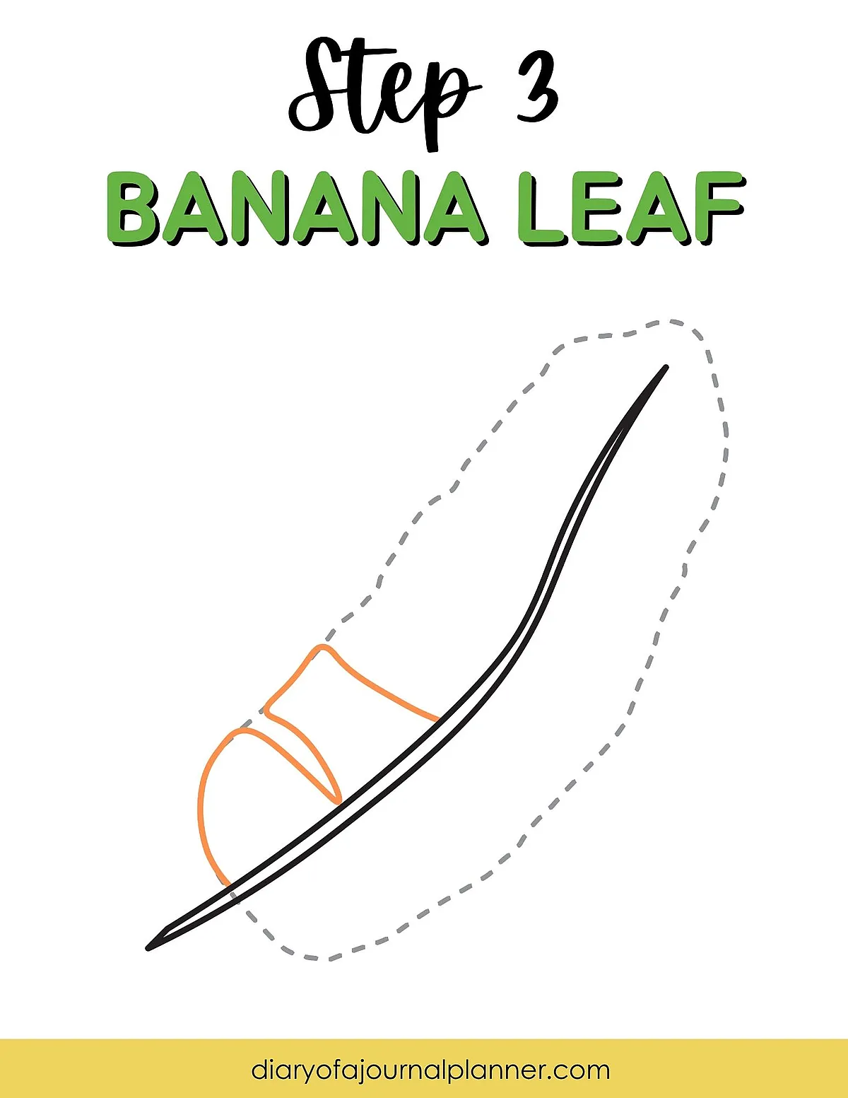 Step 3: Drawing a banana leaf with outlined shape and guidelines, diaryofajournalplanner.com.