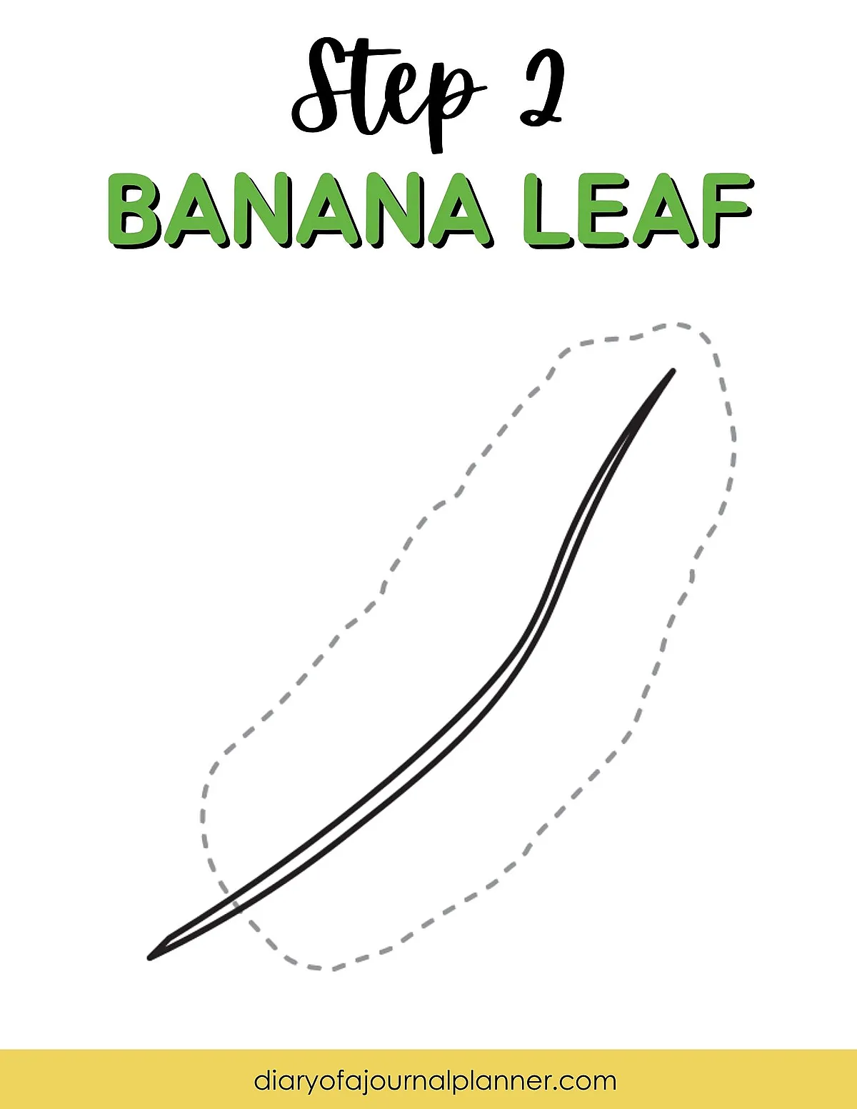 Illustrated guide to drawing a banana leaf, step 2, showing outlined leaf shape and details.