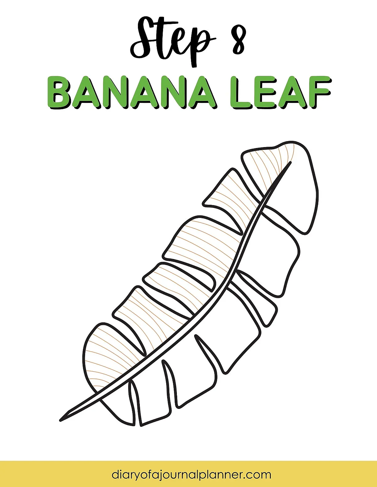 Step-by-step drawing guide for a banana leaf, featuring outlined illustration with step 8 highlighted.